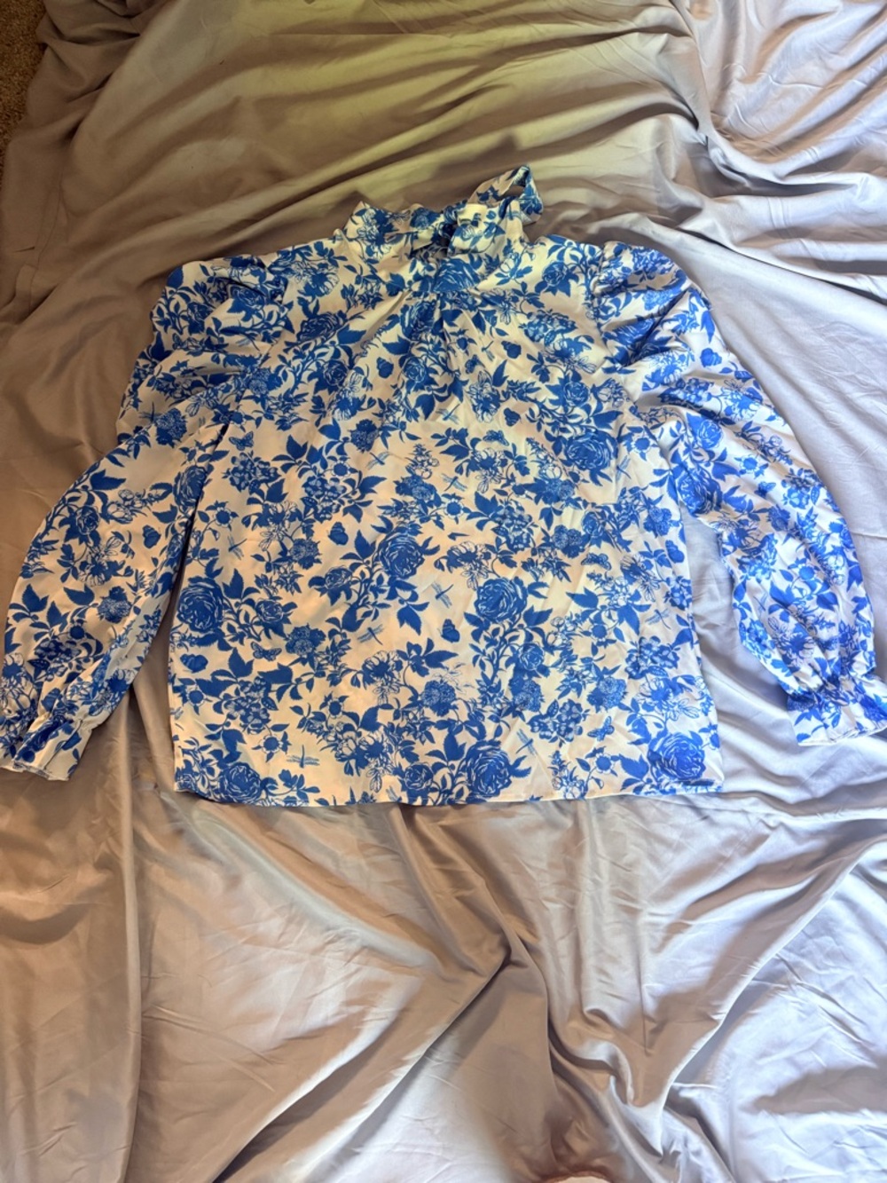 SHEIN Blue & White Floral Tie-Neck Blouse